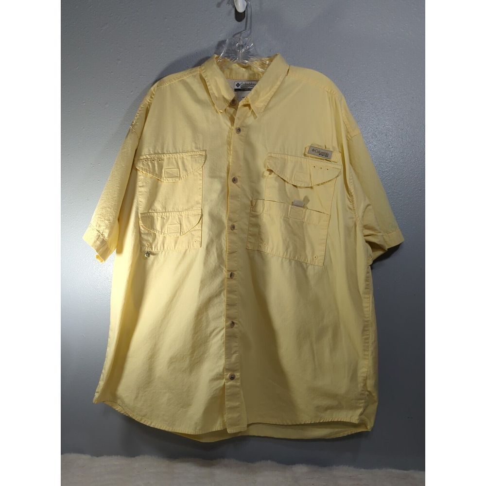 Columbia PFG Mens Yellow Short Sleeve Button Up Shirt Size Large 640